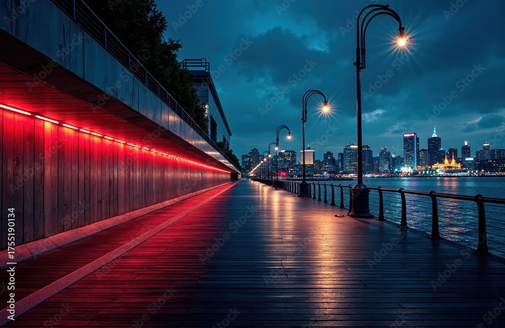 Obraz premium A city waterfront promenade illuminated by streetlights during twilight with a modern skyline in the background