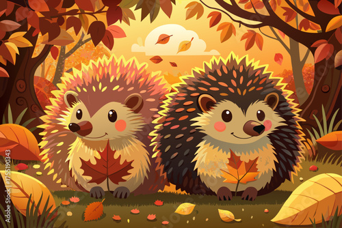 vector of Two hedgehogs nestle side by side among the autumn leaves, basking in the warm glow of the setting sun, creating a fascinating scene of wildlife and seasonal beauty.