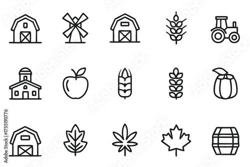 Farm and Agriculture Line Art Icons Set Keywords: farm, barn, windmill, tractor, wheat, ear of wheat