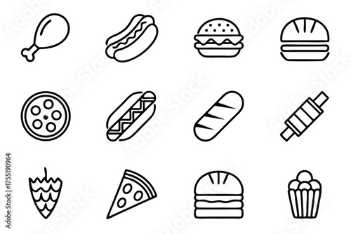 Fast Food Icons Hot Dog Burger Pizza Slice Cupcake Rolling Pin hamburger