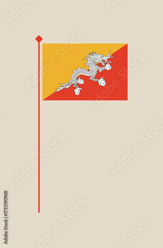 Bhutan flag pole vector illustration. Modern vibrant flag emblem design in authentic national colors. Isolated vector design