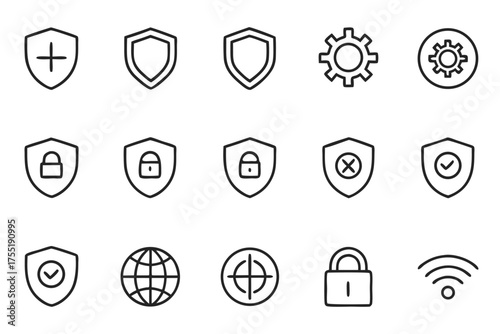 Fifteen Outline Icons for Security Protection and Technology shield plus sign