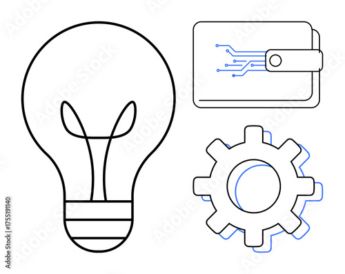 Light bulb for ideas, digital wallet with circuitry for fintech, and gear for process. Ideal for innovation, fintech, technology, automation, creativity finance productivity themes. Simple flat