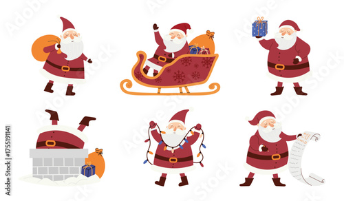Santa Claus vector set. Flat Christmas illustration with cute Santa characters, sleigh, gifts, chimney and wish list. Holiday collection isolated on white background.