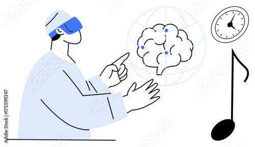 Man wearing augmented reality glasses points at a brain with neural connections, clock, and music note. Ideal for innovation, AR, VR, neuroscience, creativity, time management technology concepts