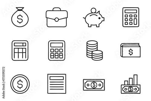 Financial Icons Including Money Bag Briefcase Piggy Bank Calculator Coins Wallet dollar sign