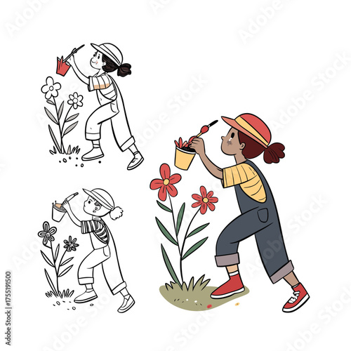 Young gardener watering flowers enthusiastic child caring for blooming plants in a garden setting isolated on transparent background