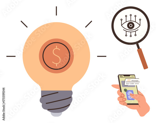 Lightbulb with dollar sign, magnifying glass examining an eye, smartphone with code input. Ideal for innovation, fintech, analysis, security, ideas technology research. Simple flat metaphor