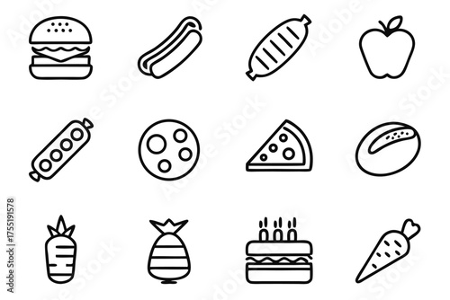 Food and Drink Icon Set with Burger, Hot Dog, Pizza, and Fruits vector illustration
