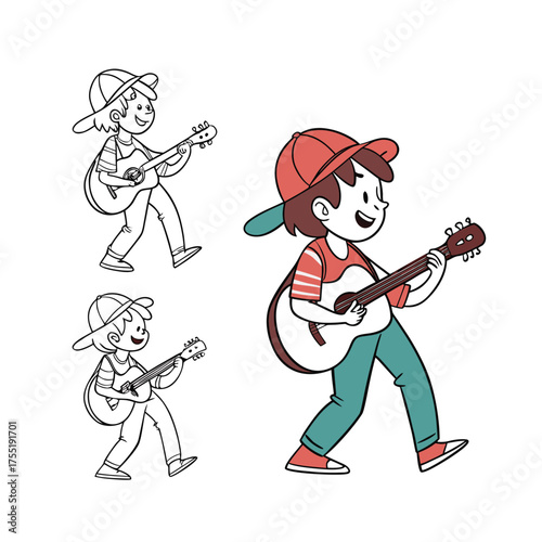 Young musician plays guitar with energetic strumming motion animated figure isolated on transparent background