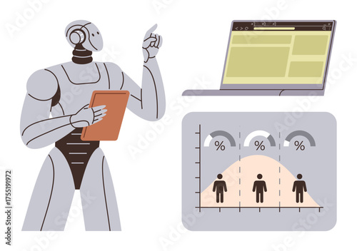 Robot holding a tablet, pointing at a screen with a laptop interface and a statistical chart. Ideal for AI, machine learning, data analysis, technology trends, automation, education, future