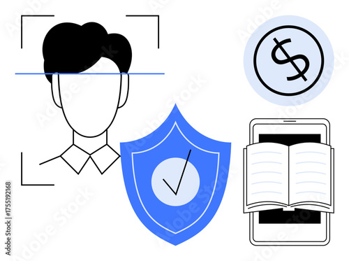 Facial recognition scan, shield with checkmark, dollar coin, and e-book on tablet. Ideal for security, authentication, finance, education technology innovation and privacy. Simple flat metaphor