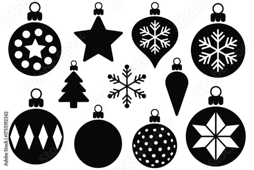 Christmas icon vector collection featuring silhouette ornaments, stars, and festive decorations, ideal for holiday illustration, greeting cards, festive design, and seasonal graphic projects.