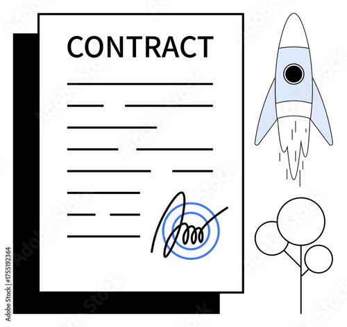Contract with a signature and blue stamp, rocket taking off, minimal tree design. Ideal for business, innovation, agreements, startups, growth entrepreneurship legal structure. Flat metaphor
