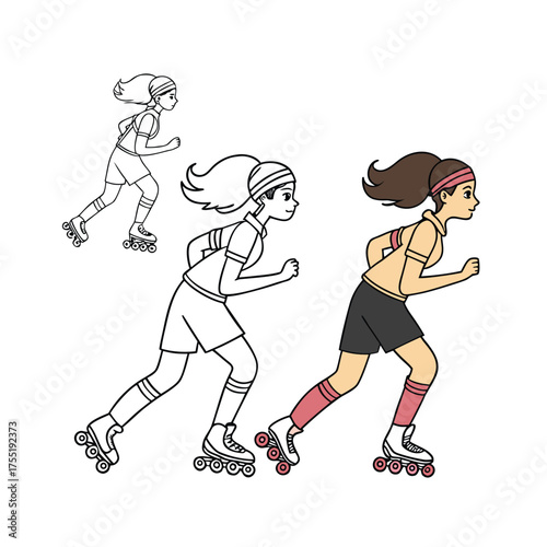 Dynamic young girl roller skating action pose full body side view animated style isolated on transparent background