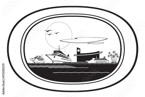 View from the cabin to cruise ships in the port – vector illustration