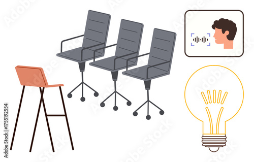 Modern swivel chairs and a barstool, voice recognition in use, and a glowing light bulb. Ideal for brainstorming, innovation, teamwork, collaboration, technology leadership creativity. Simple flat