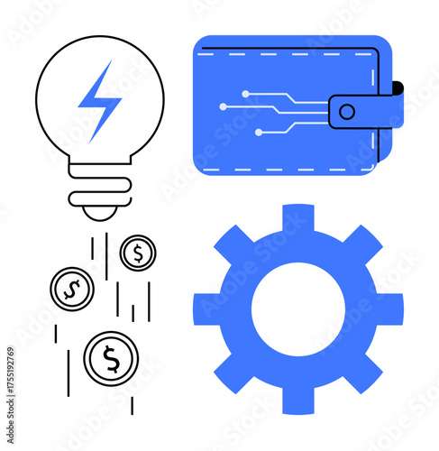 Light bulb, coins, wallet, and gear represent energy, money savings, digital payment, and process optimization. Ideal for fintech, innovation productivity economy business automation simple flat