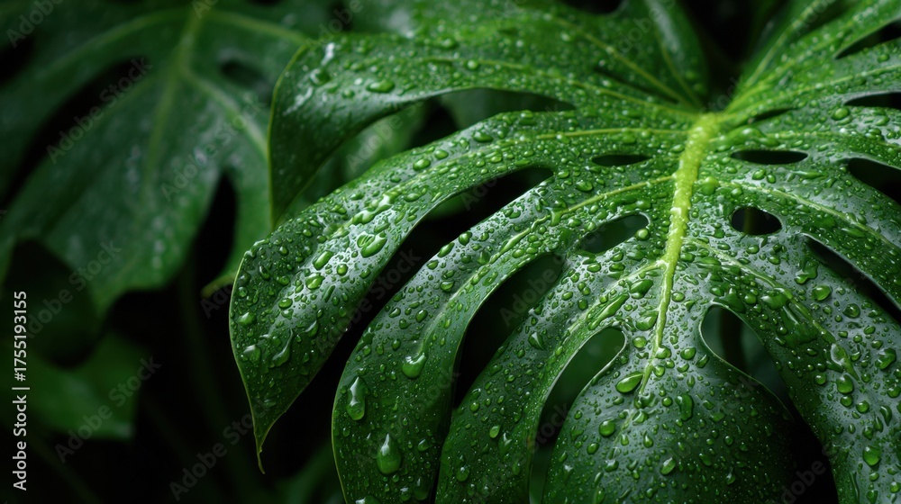 Obraz premium Bright green leaves sparkle with water droplets after a gentle rain in a vibrant rainforest setting.