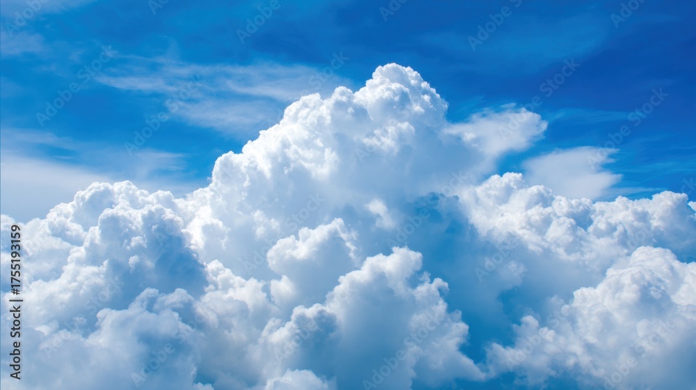 Naklejka premium Puffy white clouds float in a clear blue sky casting gentle shadows in the sunlight of midday.