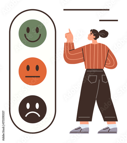 Woman pointing at emotion scale with green, orange, and black faces expressing satisfaction levels. Ideal for feedback, evaluation, user experience, customer reviews, emotional analysis, surveys