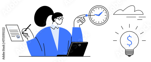 Person holding papers and pen, pointing at clock, working on laptop. Lightbulb and cloud icons represent innovation, timing, success. Ideal for business, productivity, planning finance innovation