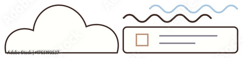 Simple cloud shape next to a checkbox with horizontal lines and a wave pattern above. Ideal for connectivity, online storage, data processing, cloud technology, options selection, digital interface