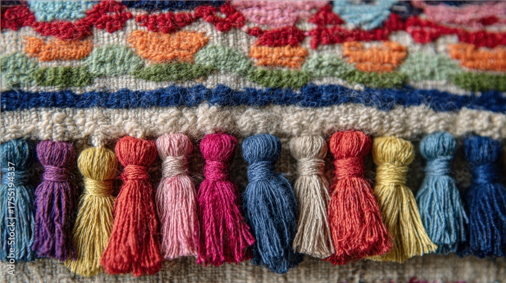 Obraz premium Beautifully crafted tassels in various colors highlight the skillful weaving of textiles.