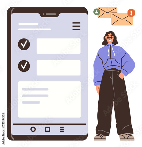 Young woman standing beside smartphone displaying task checklist. Email notifications float above. Ideal for productivity, time management, organization, technology, multitasking, communication
