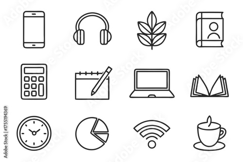 Study and work icons including laptop headphones and coffee cup smartphone mobile