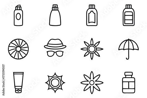 Sun protection and outdoor icons with sunscreen, hats, and umbrellas lotion cream