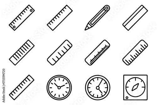 Twelve black and white line art icons of rulers, clocks, and compasses Keywords: ruler, measuring tape
