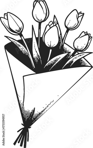 Tulip bouquet sketch, hand drawn floral arrangement in wrapping paper — stock vector