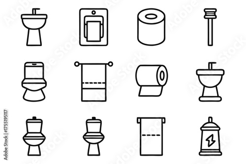 Twelve Outline Icons Depicting Bathroom Fixtures and Accessories sink toilet paper