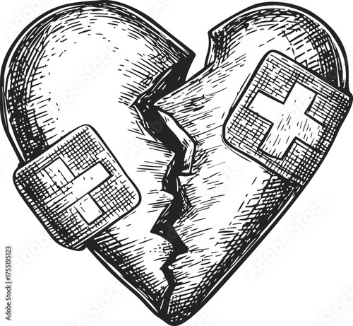 Broken heart sketch with bandages, hand drawn cracked symbol — stock vector