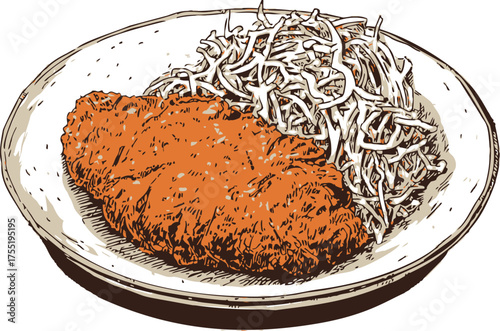 Breaded cutlet with shredded cabbage on plate, hand drawn sketch style — stock vector