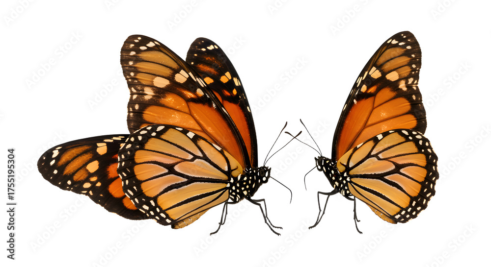 Fototapeta premium Two monarch butterflies facing each other with bright orange and black wings isolated on white background, perfect for nature or wildlife projects