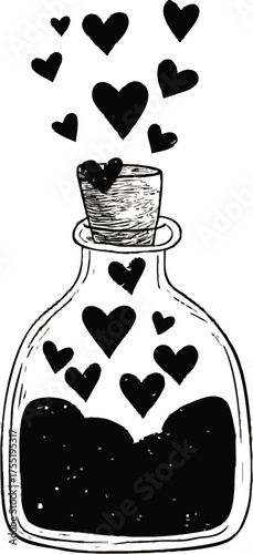 Love potion bottle with hearts floating upward, hand drawn sketch style illustration — stock vector