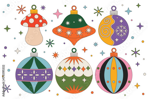 Christmas tree decoration collection, retro holiday ornaments, cartoon baubles, winter festive stickers, hanging toy elements, flat vector illustrations, colorful Xmas design set for seasonal projects