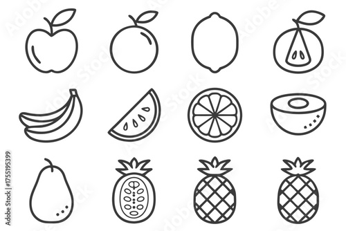 Twelve outline icons of various fruits and fruit slices apple