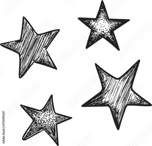 Stars hand drawn sketch set with textured shading and line work — stock vector