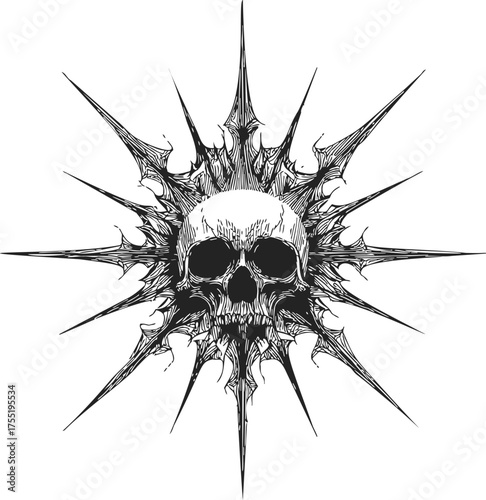 Skull sketch hand drawn with spiked sunburst rays, detailed monochrome illustration — stock vector
