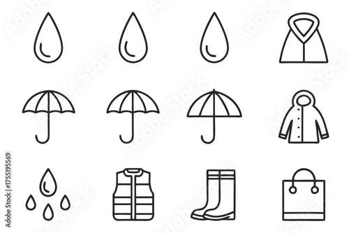 Weather Protection and Safety Gear Icons Raincoat Umbrella Boots Vest raindrop water drop