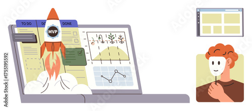 Rocket ship with MVP badge launching from laptop showing charts, graphs, and to-do lists. Person holds mask symbolizing identity or deception. Ideal for project management, innovation, progress