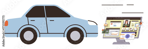 Blue car alongside a desktop screen showcasing car details, charts, and images. Ideal for technology, innovation, automotive, data, monitoring, efficiency connectivity themes and a simple flat