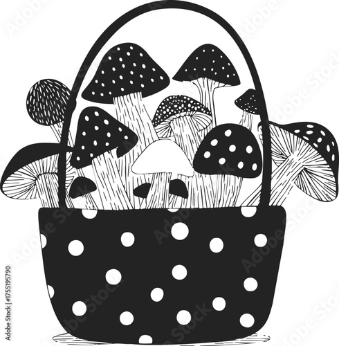 Mushroom basket hand drawn sketch with spotted caps and polka dot pattern — stock vector