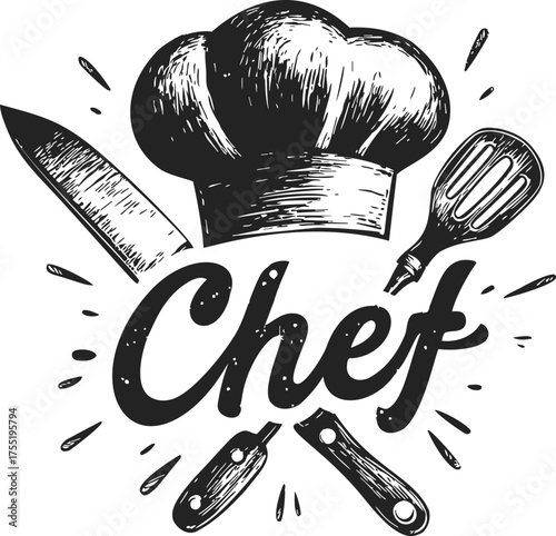Chef hat sketch with knife, spatula, and utensils, hand drawn cooking logo — stock vector