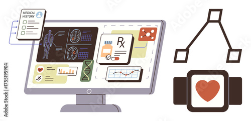Computer monitor with health data, wearable device, DNA strand, and medical charts. Ideal for healthcare, telemedicine, biotechnology, diagnostics fitness innovation medical research. Simple flat