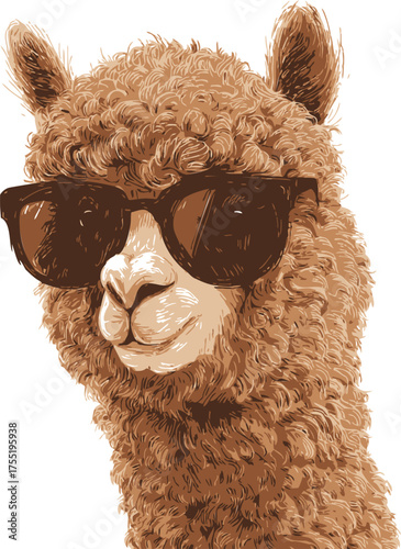 Llama sketch hand drawn style with sunglasses, humorous cool animal portrait — stock vector