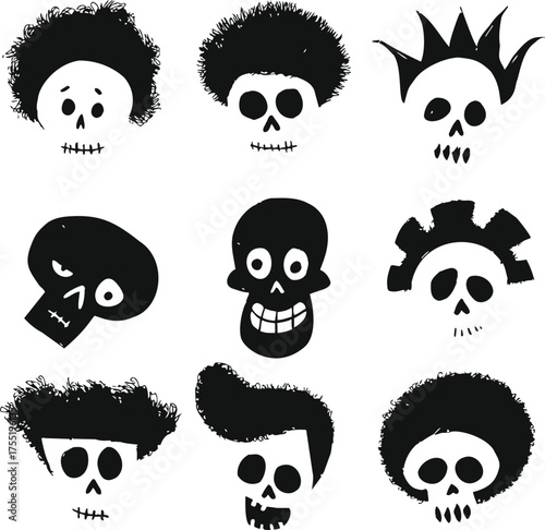 Skull faces sketch hand drawn with various punk hairstyles and expressions — stock vector